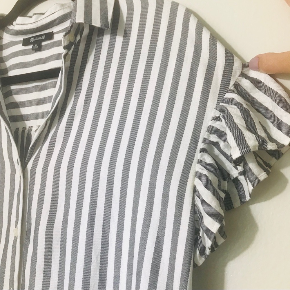 Madewell Shirt Dress Loose Striped Ruffle Sleeve Collared SZ XS - Picture 4 of 5